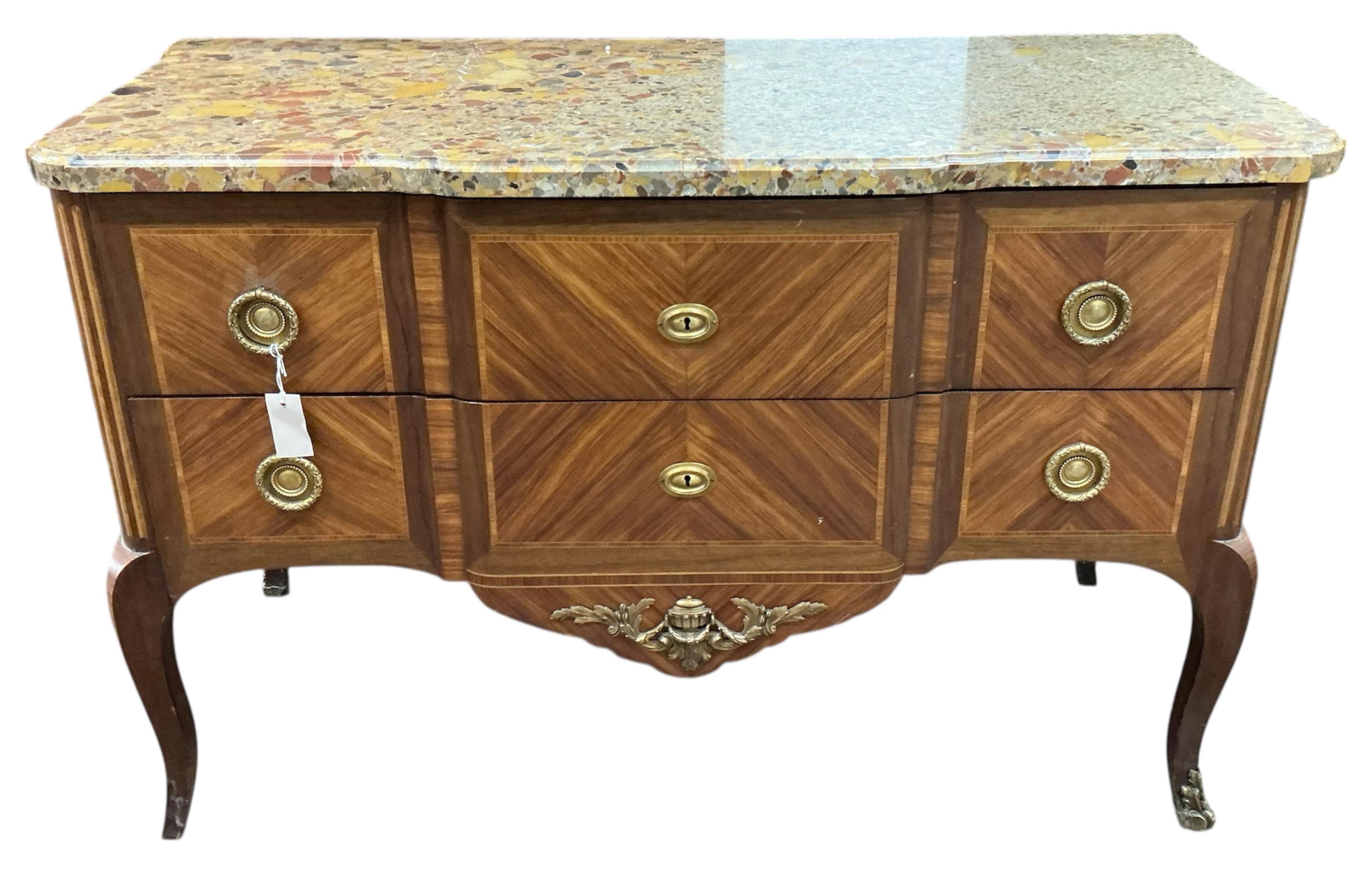 A French Transitional style banded kingwood marble top commode, width 124cm, depth 57cm, height 82cm